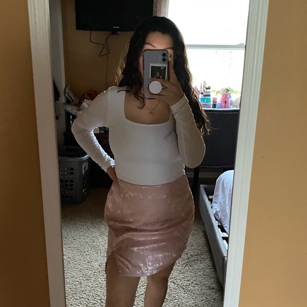 Pink satin floral skirt